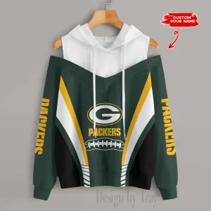 Green Bay Packers Women's Off Shoulder Hoodie Long Sleeve Drawstring S9CSH304