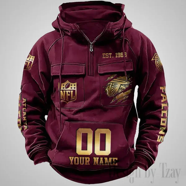 Atlanta Falcons Long Sleeve Zipper Pocket Clothing Hooded Pullover Male Retro AZVMHD1157 - Image 5