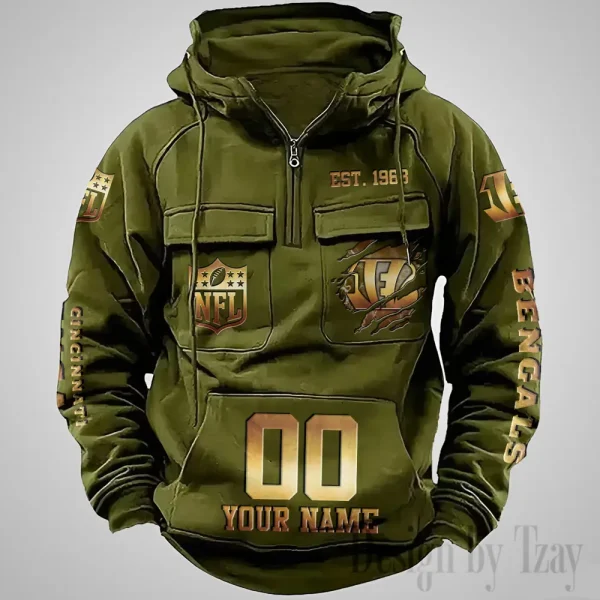 Cincinnati Bengals Long Sleeve Zipper Pocket Clothing Hooded Pullover Male Retro AZVMHD1162 - Image 4
