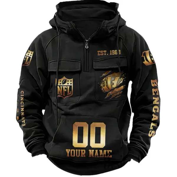 Cincinnati Bengals Long Sleeve Zipper Pocket Clothing Hooded Pullover Male Retro AZVMHD1162 - Image 5