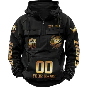 Detroit Lions Long Sleeve Zipper Pocket Clothing Hooded Pullover Male Retro AZVMHD1166