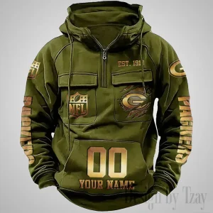 Green Bay Packers Long Sleeve Zipper Pocket Clothing Hooded Pullover Male Retro AZVMHD1167