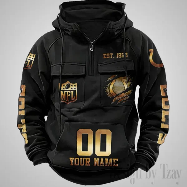 Indianapolis Colts Long Sleeve Zipper Pocket Clothing Hooded Pullover Male Retro AZVMHD1169