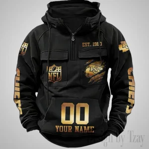 Kansas City Chiefs Long Sleeve Zipper Pocket Clothing Hooded Pullover Male Retro AZVMHD1171