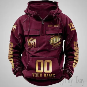 New York Giants Long Sleeve Zipper Pocket Clothing Hooded Pullover Male Retro AZVMHD1179