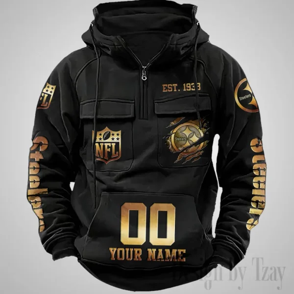 Pittsburgh Steelers Long Sleeve Zipper Pocket Clothing Hooded Pullover Male Retro AZVMHD1182 - Image 3