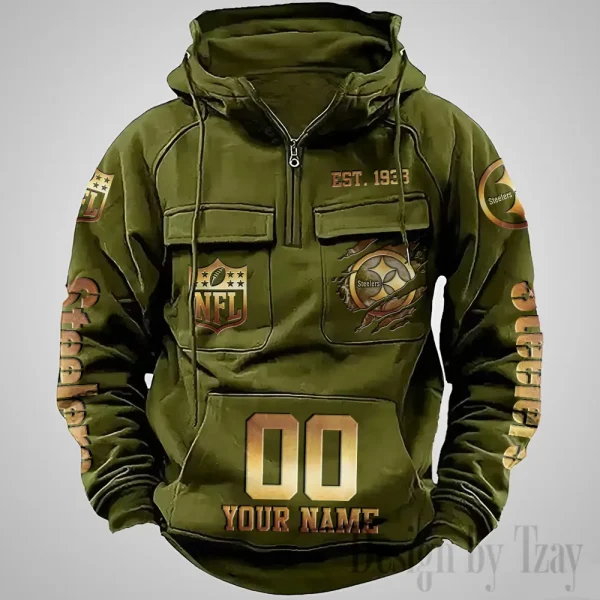Pittsburgh Steelers Long Sleeve Zipper Pocket Clothing Hooded Pullover Male Retro AZVMHD1182 - Image 5