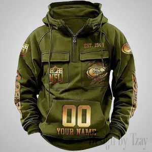 San Francisco 49ers Long Sleeve Zipper Pocket Clothing Hooded Pullover Male Retro AZVMHD1183