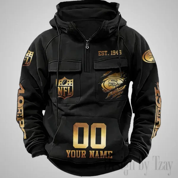 San Francisco 49ers Long Sleeve Zipper Pocket Clothing Hooded Pullover Male Retro AZVMHD1183 - Image 3