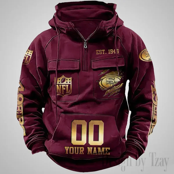 San Francisco 49ers Long Sleeve Zipper Pocket Clothing Hooded Pullover Male Retro AZVMHD1183 - Image 4