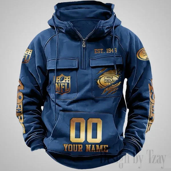 San Francisco 49ers Long Sleeve Zipper Pocket Clothing Hooded Pullover Male Retro AZVMHD1183 - Image 5