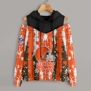 Cleveland Browns Women's Off Shoulder Hoodie Long Sleeve Drawstring S9CSH332