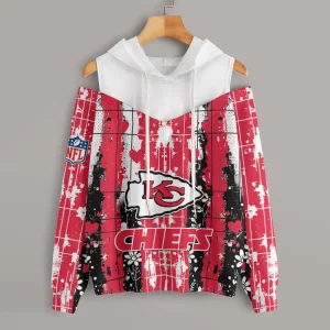 Kansas City Chiefs Women's Off Shoulder Hoodie Long Sleeve Drawstring S9CSH340