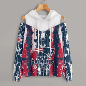 New England Patriots Women's Off Shoulder Hoodie Long Sleeve Drawstring S9CSH346