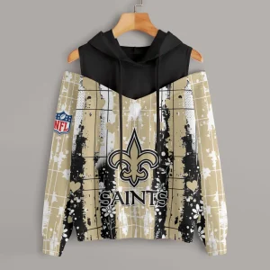 New Orleans Saints Women's Off Shoulder Hoodie Long Sleeve Drawstring S9CSH347