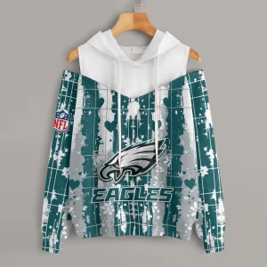 Philadelphia Eagles Women's Off Shoulder Hoodie Long Sleeve Drawstring S9CSH350