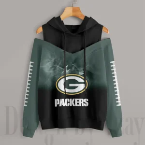 Green Bay Packers Women's Off Shoulder Hoodie Long Sleeve Drawstring S9CSH369