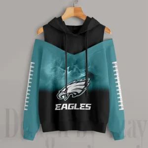 Philadelphia Eagles Women's Off Shoulder Hoodie Long Sleeve Drawstring S9CSH383
