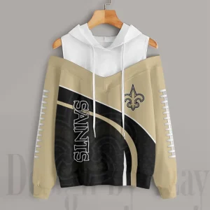 New Orleans Saints Women's Off Shoulder Hoodie Long Sleeve Drawstring S9CSH412