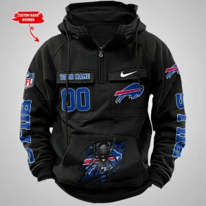 Buffalo Bills Long Sleeve Zipper Pocket Clothing Hooded Pullover Male Retro AZVMHD1191