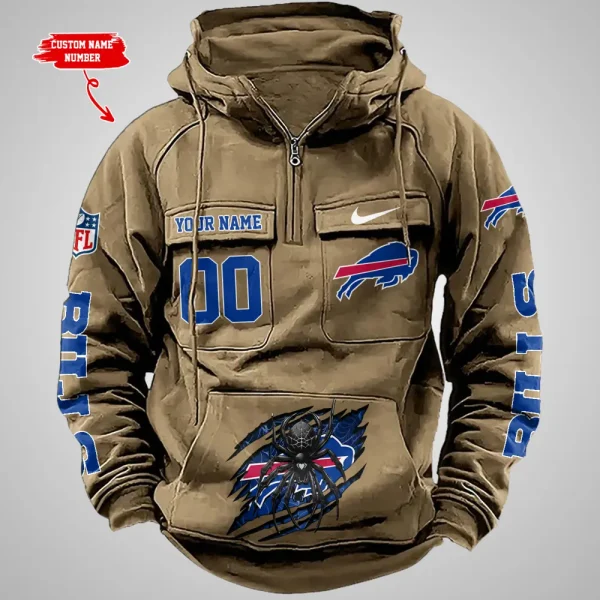 Buffalo Bills Long Sleeve Zipper Pocket Clothing Hooded Pullover Male Retro AZVMHD1191 - Image 2