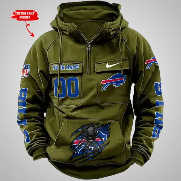 Buffalo Bills Long Sleeve Zipper Pocket Clothing Hooded Pullover Male Retro AZVMHD1191 - Image 3