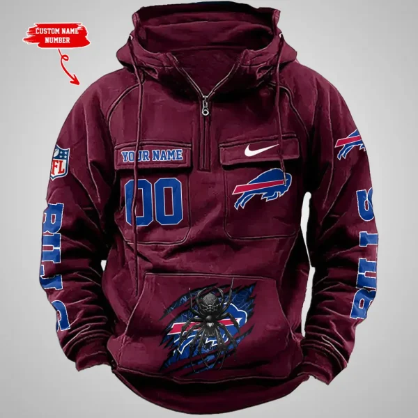 Buffalo Bills Long Sleeve Zipper Pocket Clothing Hooded Pullover Male Retro AZVMHD1191 - Image 5