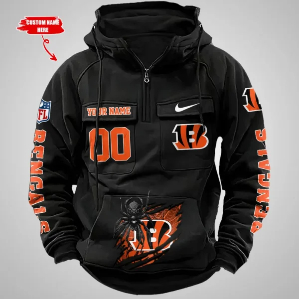 Cincinnati Bengals Long Sleeve Zipper Pocket Clothing Hooded Pullover Male Retro AZVMHD1194 - Image 2