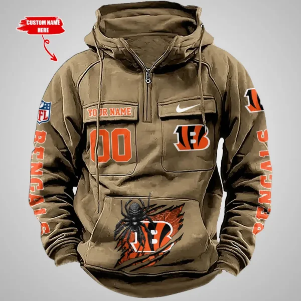 Cincinnati Bengals Long Sleeve Zipper Pocket Clothing Hooded Pullover Male Retro AZVMHD1194 - Image 3