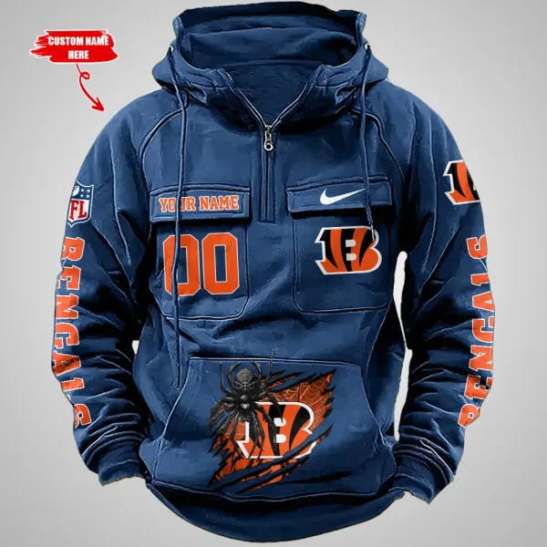 Cincinnati Bengals Long Sleeve Zipper Pocket Clothing Hooded Pullover Male Retro AZVMHD1194 - Image 5