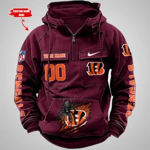 Cincinnati Bengals Long Sleeve Zipper Pocket Clothing Hooded Pullover Male Retro AZVMHD1194