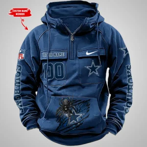 Dallas Cowboys Long Sleeve Zipper Pocket Clothing Hooded Pullover Male Retro AZVMHD1196