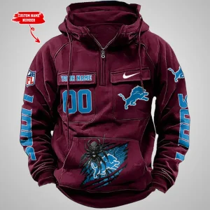 Detroit Lions Long Sleeve Zipper Pocket Clothing Hooded Pullover Male Retro AZVMHD1198