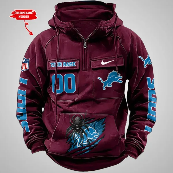 Detroit Lions Long Sleeve Zipper Pocket Clothing Hooded Pullover Male Retro AZVMHD1198