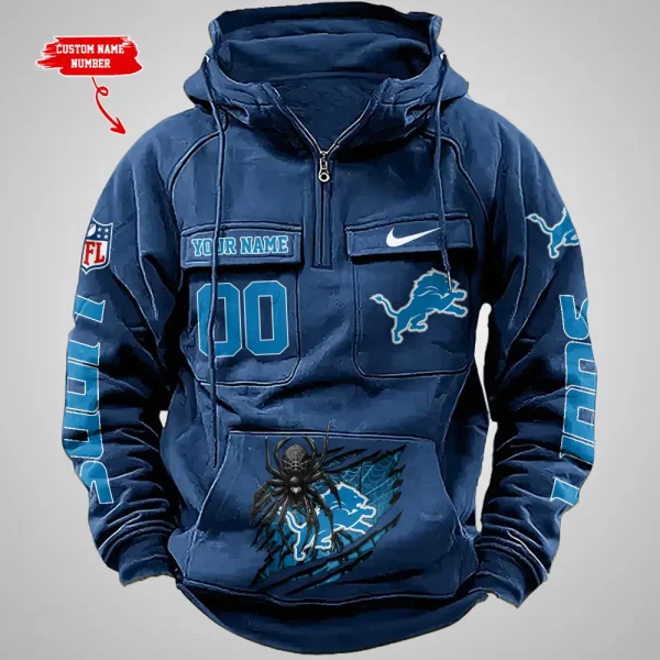 Detroit Lions Long Sleeve Zipper Pocket Clothing Hooded Pullover Male Retro AZVMHD1198 - Image 2