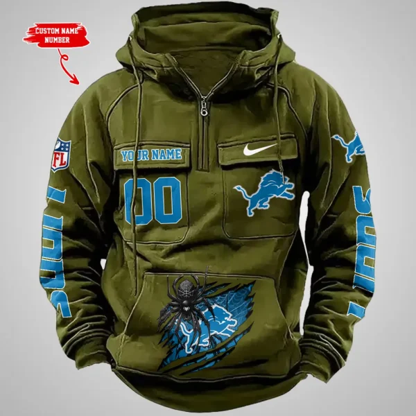 Detroit Lions Long Sleeve Zipper Pocket Clothing Hooded Pullover Male Retro AZVMHD1198 - Image 3