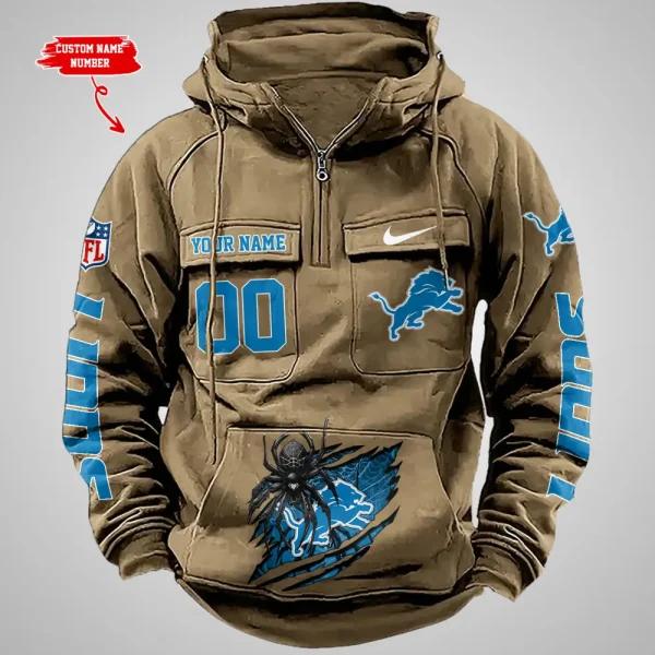 Detroit Lions Long Sleeve Zipper Pocket Clothing Hooded Pullover Male Retro AZVMHD1198 - Image 4