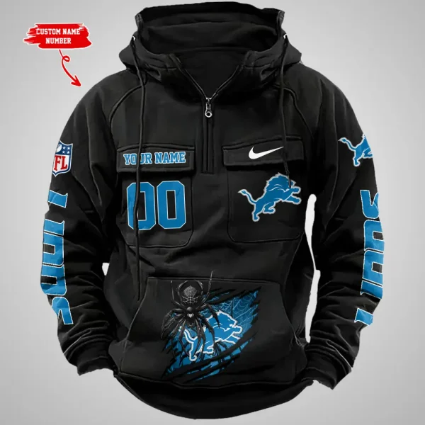 Detroit Lions Long Sleeve Zipper Pocket Clothing Hooded Pullover Male Retro AZVMHD1198 - Image 5