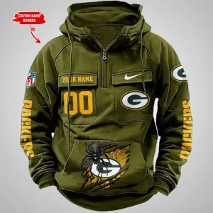 Green Bay Packers Long Sleeve Zipper Pocket Clothing Hooded Pullover Male Retro AZVMHD1199