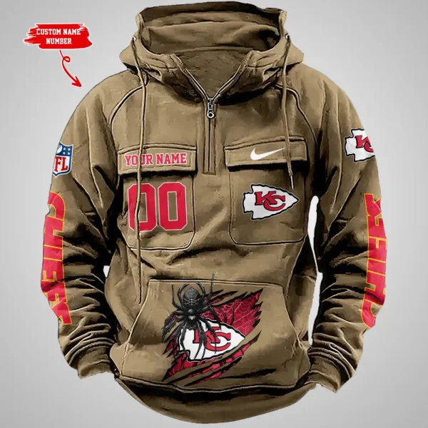 Kansas City Chiefs Long Sleeve Zipper Pocket Clothing Hooded Pullover Male Retro AZVMHD1203 - Image 3