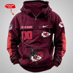 Kansas City Chiefs Long Sleeve Zipper Pocket Clothing Hooded Pullover Male Retro AZVMHD1203