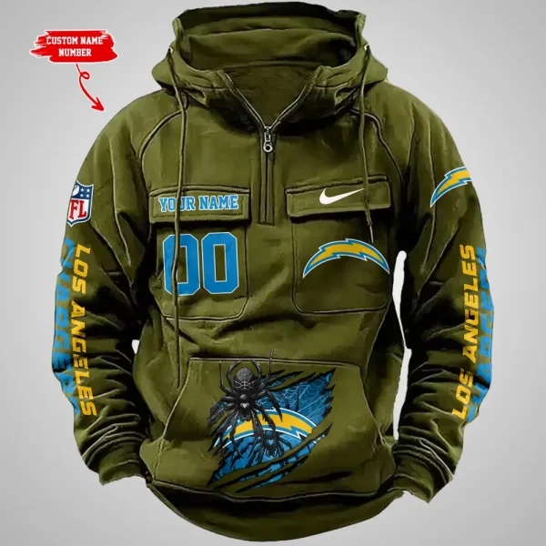 Los Angeles Chargers Long Sleeve Zipper Pocket Clothing Hooded Pullover Male Retro AZVMHD1205 - Image 3