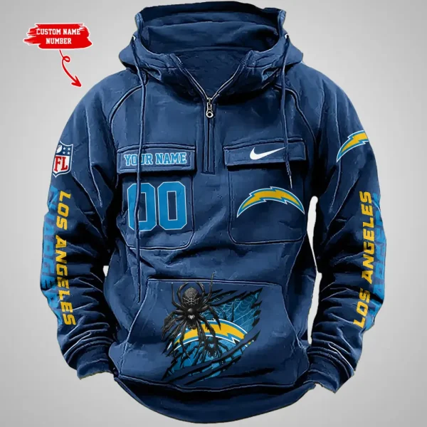 Los Angeles Chargers Long Sleeve Zipper Pocket Clothing Hooded Pullover Male Retro AZVMHD1205 - Image 4