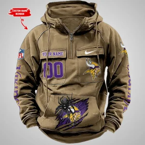 Minnesota Vikings Long Sleeve Zipper Pocket Clothing Hooded Pullover Male Retro AZVMHD1208