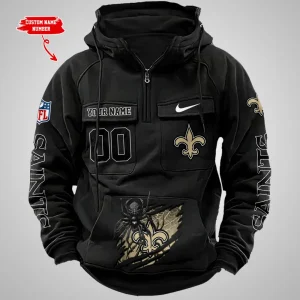 New Orleans Saints Long Sleeve Zipper Pocket Clothing Hooded Pullover Male Retro AZVMHD1210