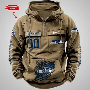 Seattle Seahawks Long Sleeve Zipper Pocket Clothing Hooded Pullover Male Retro AZVMHD1216