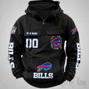 Buffalo Bills Long Sleeve Zipper Pocket Clothing Hooded Pullover Male Retro AZVMHD1223