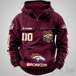 Denver Broncos Long Sleeve Zipper Pocket Clothing Hooded Pullover Male Retro AZVMHD1229