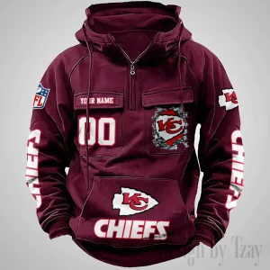 Kansas City Chiefs Long Sleeve Zipper Pocket Clothing Hooded Pullover Male Retro AZVMHD1235
