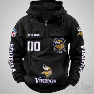 Minnesota Vikings Long Sleeve Zipper Pocket Clothing Hooded Pullover Male Retro AZVMHD1240